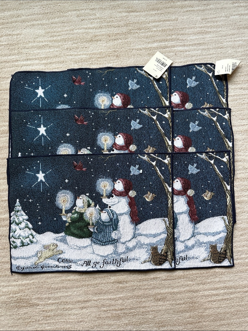 NWT Set of 6 Tapestry Placemats “O Come All Ye Faithful” Sandy Gore Evans 18X13”